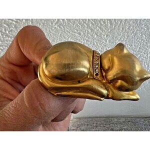Vtg 80s sleeping chunky cat gold tone brooch kitten rhinestone pin grandmacore‎